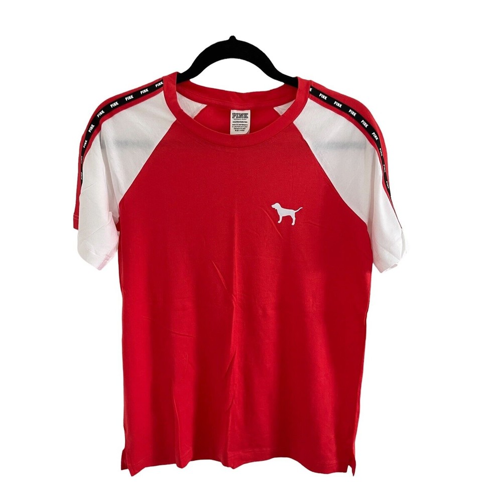 Victoria's‎ Secret Pink Campus Short Sleeve Tee Shirt Poppy Red White XS NWT